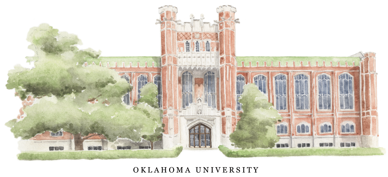 Watercolor of the Bizzel Library at the University of Oklahoma